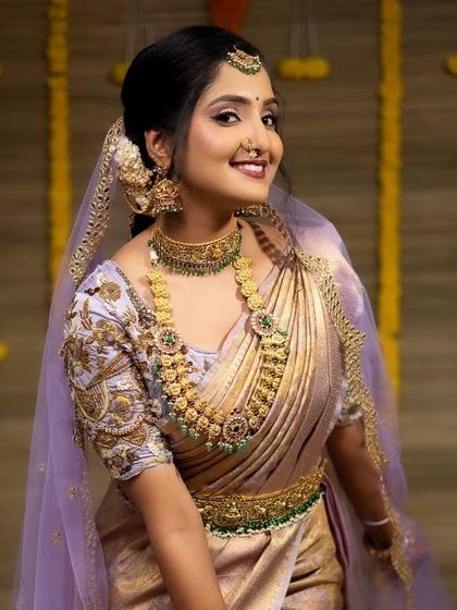 A gorgeous series of a model in a light purple saree, wearing our kemp stone bridal set. These photos show the jewellery from various angles, highlighting its beauty.