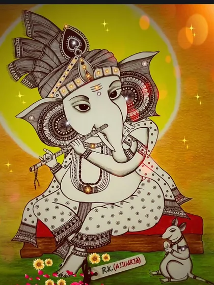 A detailed inkpen illustration of Lord Ganesha, created in a meditative mandala style. This artwork on an A3 sheet uses a simple fountain pen and pencil colors to create a feeling of peace and creativity.