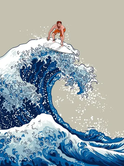A tribute to the Japanese Ukiyo-e style that influenced Van Gogh, this piece shows a surfer riding "The Great Wave off Kanagawa." It's paired with a quote about surrendering to life's changes, a visual metaphor for letting life flow through you.