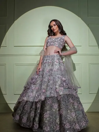 A full view of the grey ombre floral lehenga, showing how the 3D flowers are scattered across the skirt for a beautiful, textured look.
