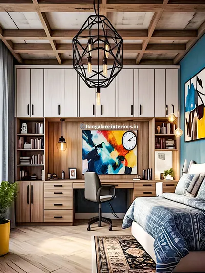 For this bedroom, I created an all-in-one furniture solution that includes a study desk, extensive overhead cabinets, and open shelving. This design makes the most of the wall space, providing ample storage while maintaining a clean, uncluttered look.