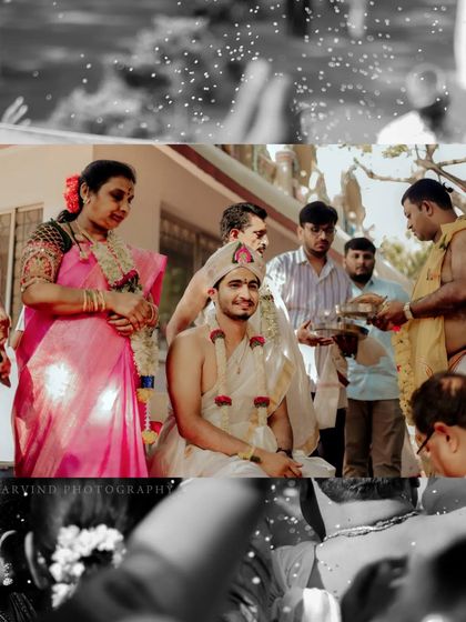 A creative collage capturing the groom's ceremony, blending colour and monochrome to highlight the traditional moments.