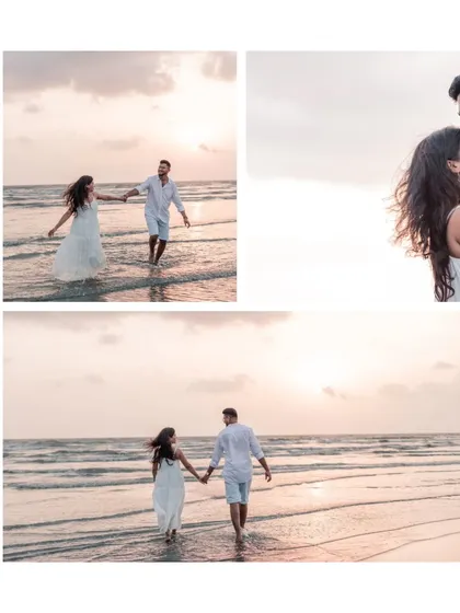A collage capturing the soft, golden light of a sunset stroll on the beach. These sessions are designed to be relaxed, allowing for natural interactions and romantic moments by the sea.