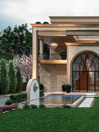 This upcoming residence blends classical architecture with a contemporary feel. The facade features grand arches, a water feature, and layered terraces, creating a timeless and elegant design.