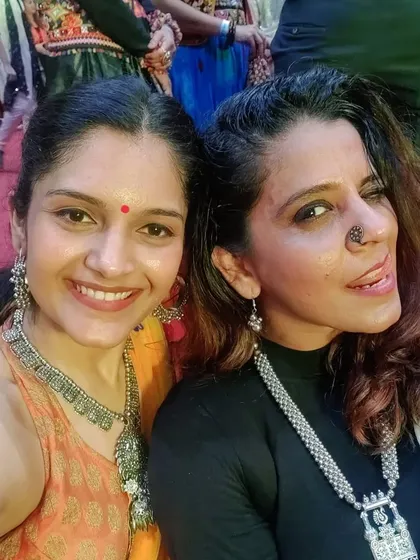 A happy moment during Navratri celebrations with a fellow dancer. The festive season is always a great time to celebrate with friends and lots of garba.