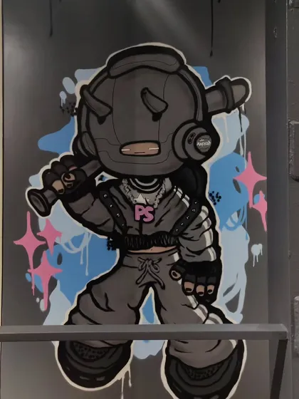 A custom character I designed for the Projekt Street store. This little guy, with his gas mask and baseball bat, adds a playful but edgy element to the store's interior design.