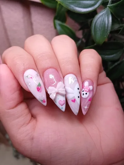 Kawaii dreams come true with this adorable bunny and strawberry themed 3D nail art. We love creating cute, character-based designs.