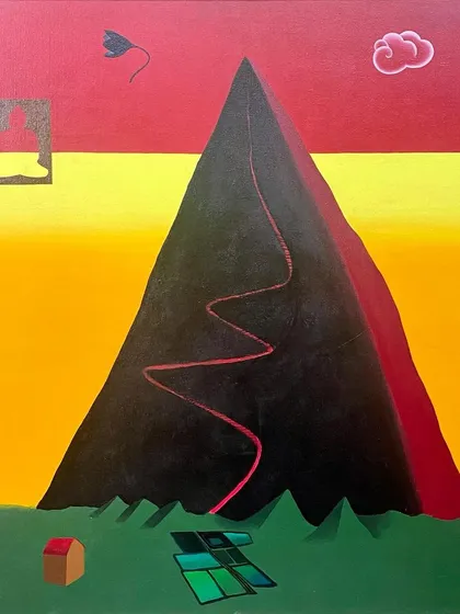 'Girinathiya Mandiradali', which translates from Kannada to 'temple on the top of a mountain', is an acrylic on canvas by Babu Eshwar Prasad. This contemporary pop art painting uses a vibrant palette to create a surreal landscape.
