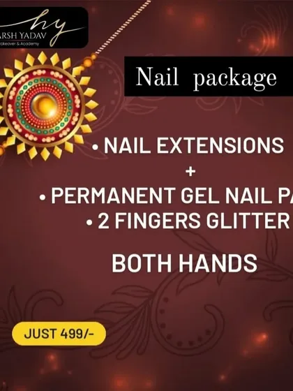 We love getting creative with nails. This Rakhi offer shows a popular combination we provide: durable nail extensions with permanent gel nail paint, finished with a touch of glitter. It's a simple way to add that extra bit of sparkle to your hands.