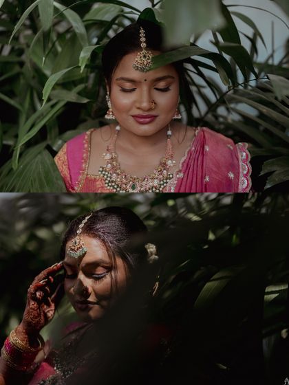 A collage of a bride's portraits, capturing her serene and contemplative moments amidst lush greenery.