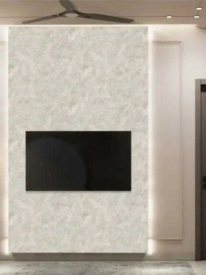A 3D render of a TV wall in a master bedroom. The textured wall panel with integrated profile lighting creates a subtle yet sophisticated backdrop for the television.