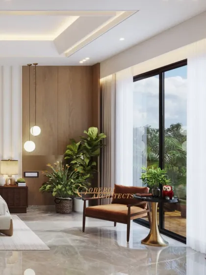 The room opens up to a balcony with lush greenery, blurring the lines between indoors and outdoors and enhancing the sense of tranquility.