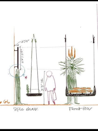 A technical drawing showing the side and front elevations for a hanging art installation. This sketch includes dimensions and scale references, illustrating the architectural planning involved in my work.