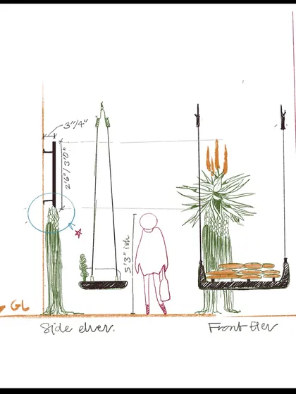 The initial concept sketch for a woven art installation, showing the side and front elevations. This is the first step in translating an idea from paper to a three-dimensional structure.