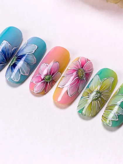 A vibrant rainbow of gel-painted flowers. This set is a great exercise in color theory and blending, skills that are essential for any nail artist.