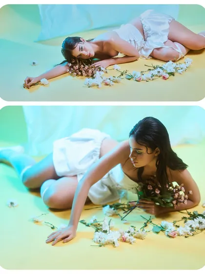 A diptych from a dreamy, floral-themed shoot. The use of colored gels (yellow and cyan) creates a surreal, ethereal atmosphere.