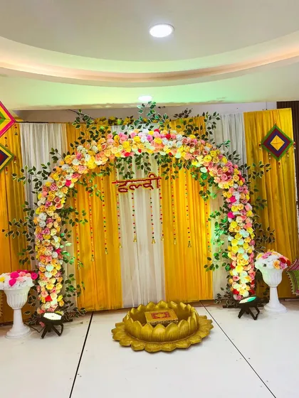 The full Haldi stage setup, perfectly balanced and ready for the ceremony.