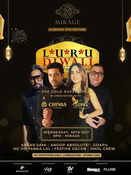 The full artist and partner lineup for the 12th edition of Luru Diwali. This poster showcases the scale of the event, from the DJs and MC to the production and decor partners who help bring the vision to life.