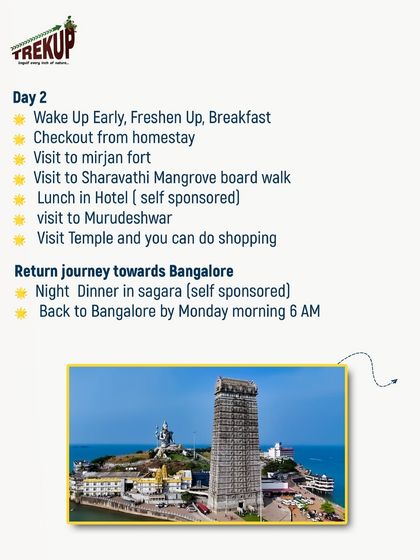 Here is the Day 2 plan for the Gokarna trip, which includes visits to Mirjan Fort and Murudeshwar before the return journey to Bangalore.