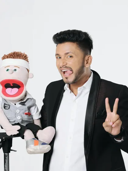 Two comedians, one frame. This is a professional shot of me and my main man, Bunny. We're a complete package, ready to bring our unique brand of ventriloquism and comedy to your project.