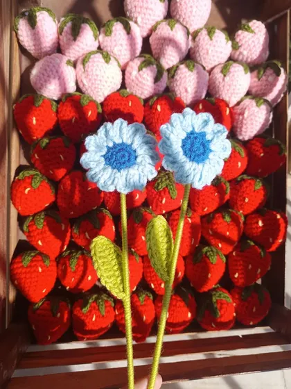 Two light blue daisy stems held against a background of crochet strawberries.