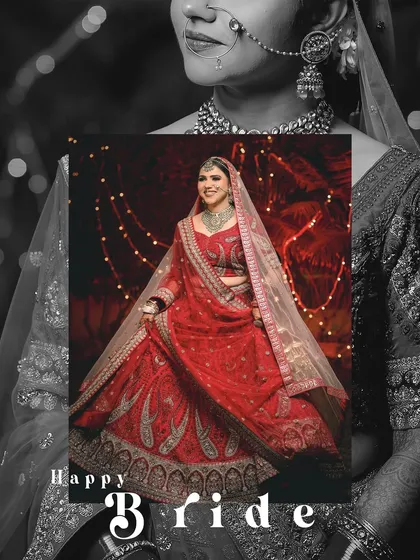 A "Happy Bride" portrait that perfectly captures a moment of joy. The image is layered on a black and white background, making the bride's colorful and happy central portrait the main focus.