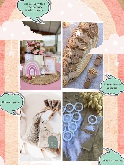 A mood board showcasing ideas for a boho baby shower, including dream catcher keychains and baby breath bouquets.