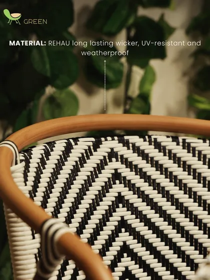 Here you can see the material detail of our dining chair. We use REHAU long-lasting wicker, which is imported from Germany, UV-resistant, and completely weatherproof, backed by a five-year warranty.