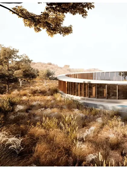 The villa's facade, with its rhythmic wooden fins, is seen here nestled in the wild grasses of the Udaipur landscape.