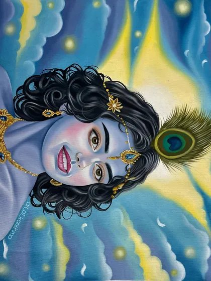 A different angle of the Krishna portrait, showing the celestial background.