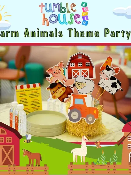 A closer look at the details of our Farm Animals theme. The table centerpieces feature cute barnyard characters, setting the stage for a farm-tastic party.