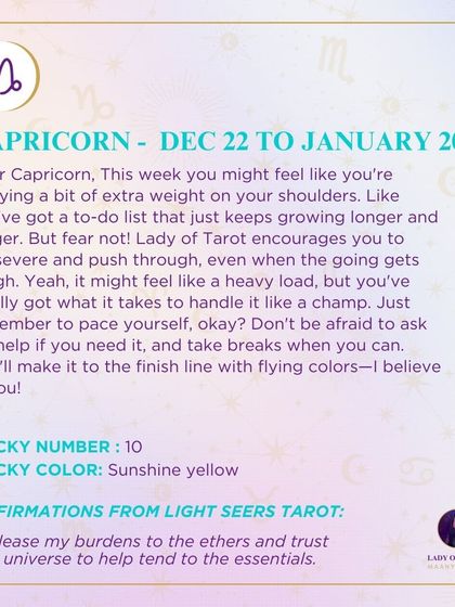 My weekly tarot prediction for Capricorn. You might feel like you're carrying extra weight, but I encourage you to persevere and push through. You'll make it to the finish line with flying colors.