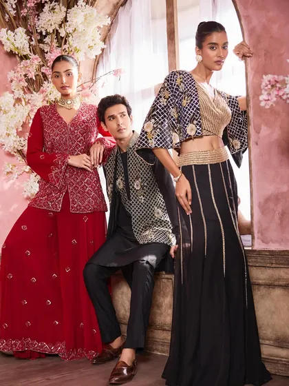 Another stunning group composition from the Krisha Sunny Ramani campaign. The makeup for each model is tailored to their outfit, with a mix of red, black, and gold tones.