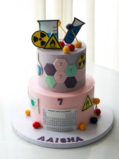 Another shot of the colorful and educational science-themed birthday cake.
