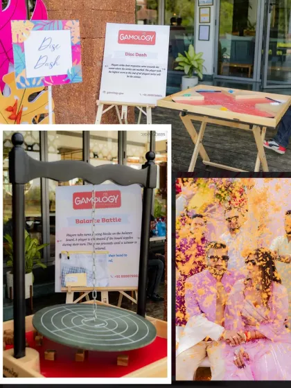 The Haldi was designed to be fun and interactive. We set up various games from Gamology, like 'Disc Dash' and 'Balance Battle', to keep guests engaged and entertained throughout the celebration.