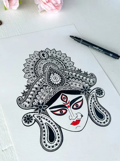 The completed Durga Maa doodle, a blend of traditional motifs and mandala art. This piece was created to celebrate the spirit of Durga Puja.