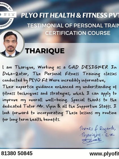 This is a written testimonial from Tharique, a CAD designer in Doha, Qatar. He found our Personal Fitness Training classes incredibly informative and appreciated the expert guidance that enhanced his understanding of fitness techniques.