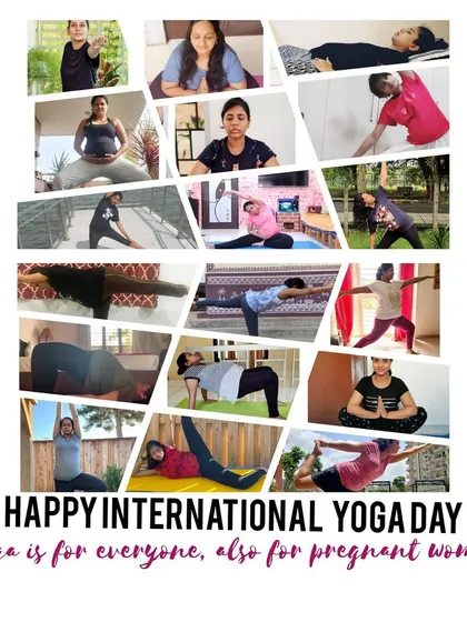 A collage celebrating all our mamas on International Yoga Day. It shows that yoga truly is for every woman, at every stage of her journey.