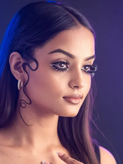 A creative take on winged liner using embellishments. The hair is styled with a precise, graphic wave to complement the eye makeup.