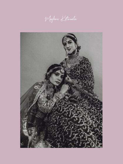 A powerful black and white image of two brides we styled. Their distinct looks, one traditional and one more contemporary, highlight our ability to cater to individual personalities while creating a cohesive story.