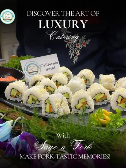 We believe in luxury catering that delights the senses. Here, our professionally dressed staff presents a platter of freshly made California Sushi, showcasing our commitment to offering diverse, high-quality global cuisines for your exclusive events.
