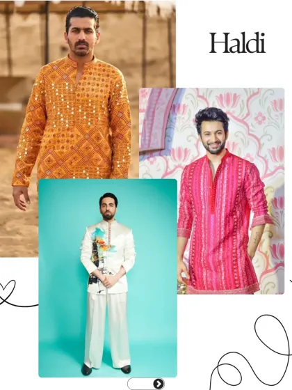For the Haldi ceremony, we can play with bright and cheerful colors. This collage presents a vibrant mustard yellow mirror-work kurta, a bright pink bandhani print kurta, and a modern, artistic white set for a non-traditional approach.