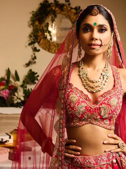 A complete traditional bridal look. The hair is styled in a classic bun adorned with a gajra, and the makeup features a defined eye and a bindi, perfectly complementing the red lehenga and dupatta.
