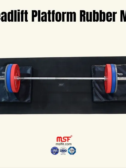 Our Deadlift Platform shown with a barbell and bumper plates. This complete setup is essential for safe and effective powerlifting.