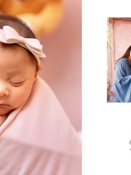 A gorgeous close-up of a sleeping newborn girl with a pink bow, part of a designed collage from a luxury session.
