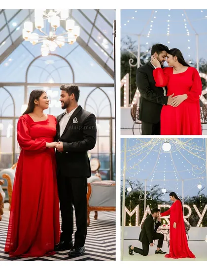 A collage of Suyash and Somya's proposal shoot inside a beautifully lit glasshouse, with a "Marry Me" sign adding to the magic.