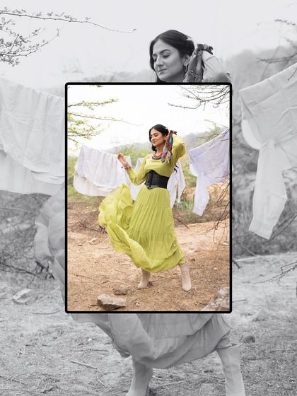 This is the opening shot for the 'Boho Barren' editorial, styled by my student Harshika. The concept was inspired by western ancient times, featuring a flowing dress and a statement waist belt.