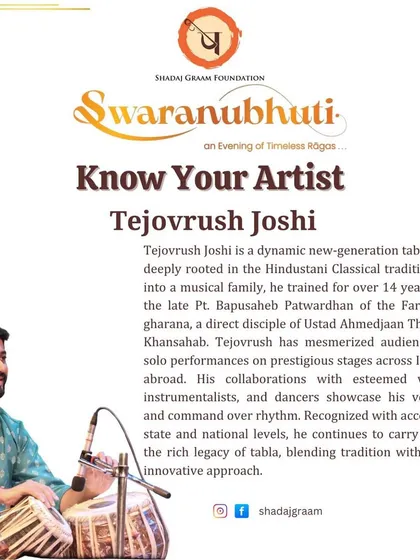 An artist feature from the 'Swaranubhuti' concert series, detailing my musical journey and training in the Farukhabad gharana.