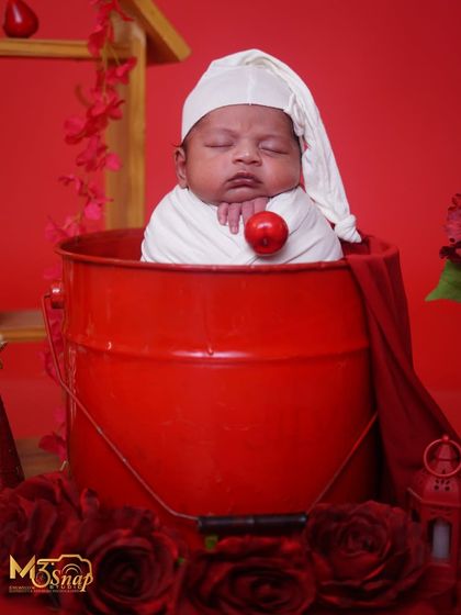 A slightly wider shot showing more of the red-themed setup, with a small wooden house and flowers in the background.