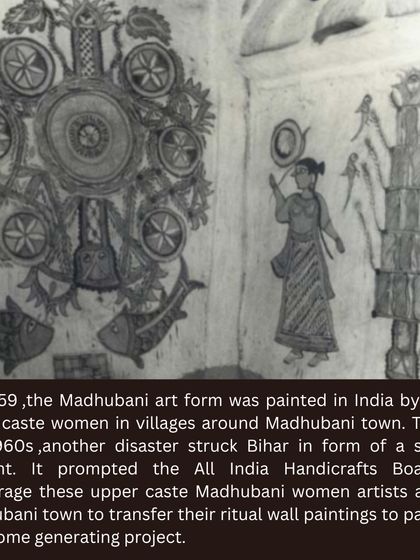Another piece of history: in the 1960s, a severe drought prompted the All India Handicrafts Board to encourage women to transfer their ritual wall paintings to paper as an income-generating project.